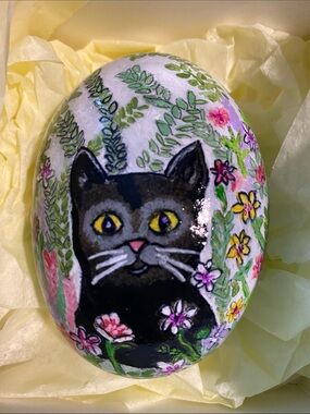Hand-Painted Black Cat in flowers on a Natural Stone Rock